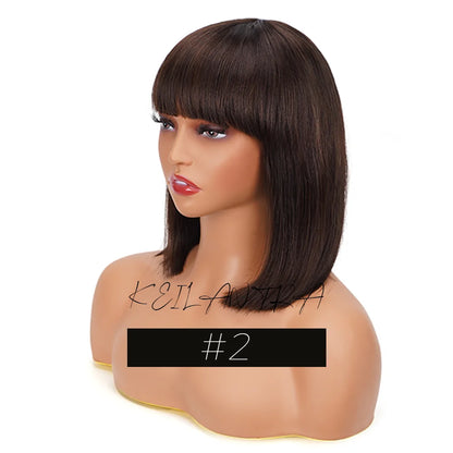 sengpan Straight Human Hair Bob Wigs with Bangs Remy Full Machine Made for Women Hightlight Burgundy Brown Colored BOB Wig