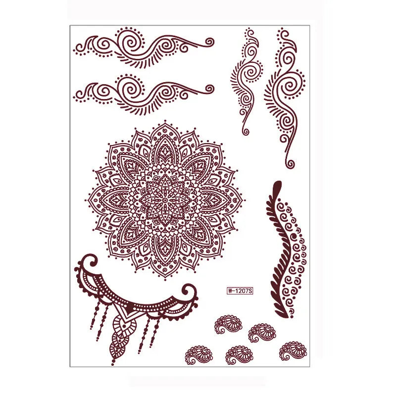 sengpan Brown Henna Lace Temporary Tattoos Sticker For Women Mehndi Stickers for Hand Neck Body Feather Flora Henna Tattoo Waterproof