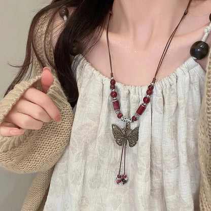 Lianfudai New Chinese style beaded butterfly necklace with a new high-end design niche sweater chain, women's summer collarbone chain