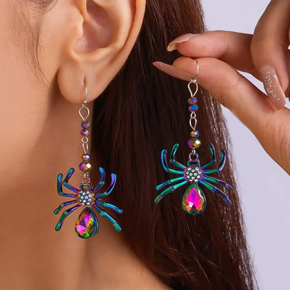 sengpan Colorful Spider Design Shiny Artificial Crystal Inlaid Dangle Earrings for Women Punk Metal Spider Earrings Halloween Jewelry