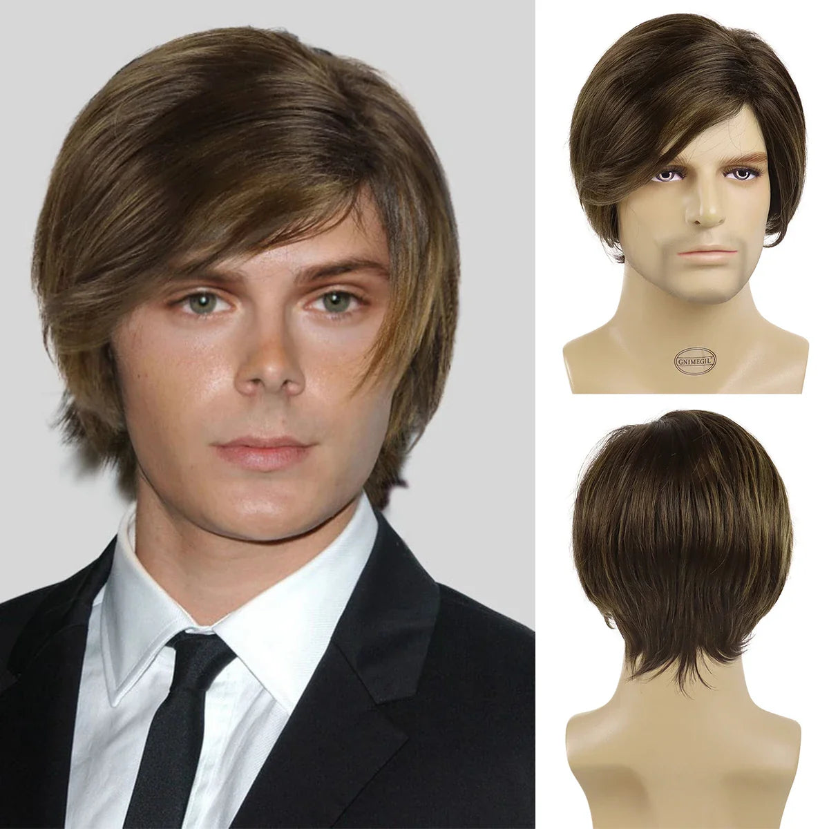 sengpan Synthetic Curly Men Wig Short Brown Hair Businessmen Curly Haircut Man Guys Natural Hairstyle The Summer Outfits Cosplay Costume