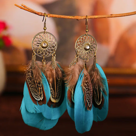 sengpan Bohemian Retro Hollow Sunflower Long Feather Dangle Earrings For Women Summer Beach Tassel Drop Earrings Wedding Bride Jewelry