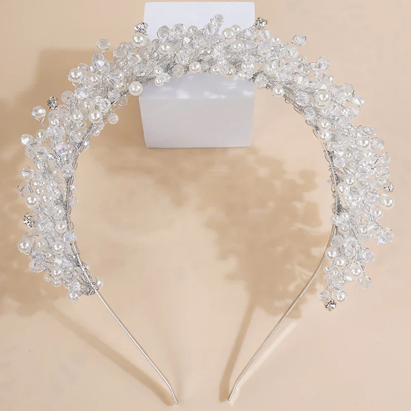 sengpan Luxury Pearl Crystal Bridal Crown Headpieces Handmade Party Wedding Hair Accessories Vintage Rhinestone Women Headband Tiaras