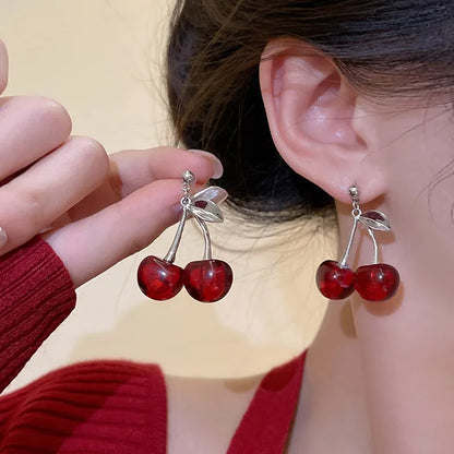 sengpan New Sweet Summer Red Transparent Cherry Fruit Fashion Long Ear Nail Earrings Fashion Black Anime Earring for Women Party Jewelry