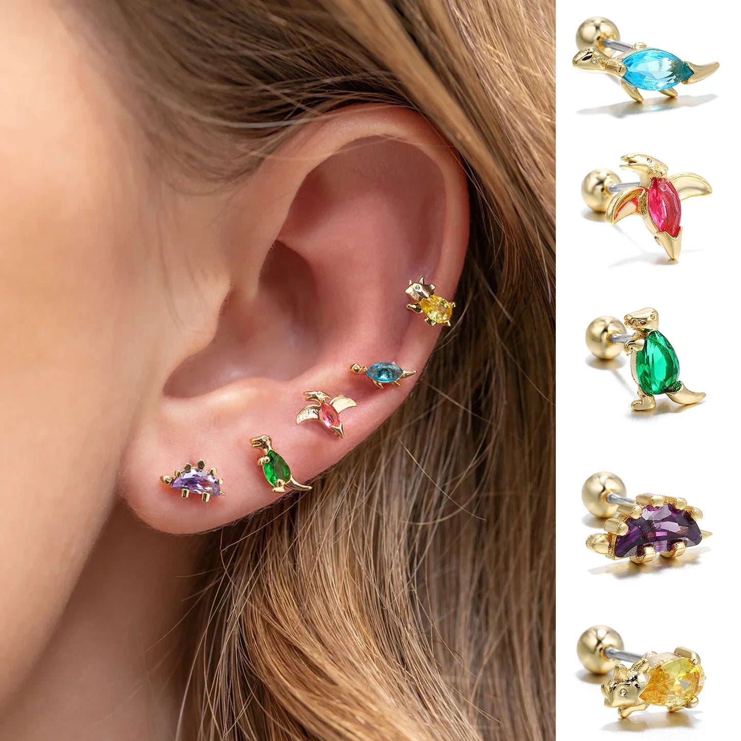 sengpan New Stainless Steel Screw Rod Zircon Dinosaur Ear Bone Nails Wild Animal Earrings Piercing Earrings Single Hot Sale