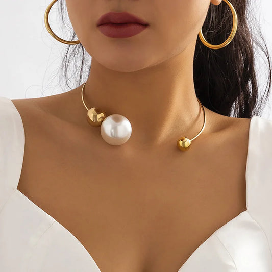 Lianfudai Fashion Imitation Pearl Torques For Women Elegant Gold Silver Color Metal Choker Statement Chain Necklace New Jewelry