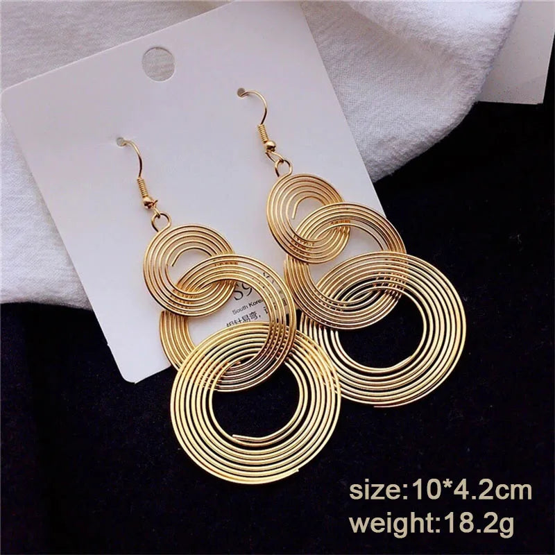 sengpan Punk Gold Colour Big Geometric 3 Circle Metal Long Dangle Earrings For Women Bohemian Party Exaggerated Fashion Jewelry