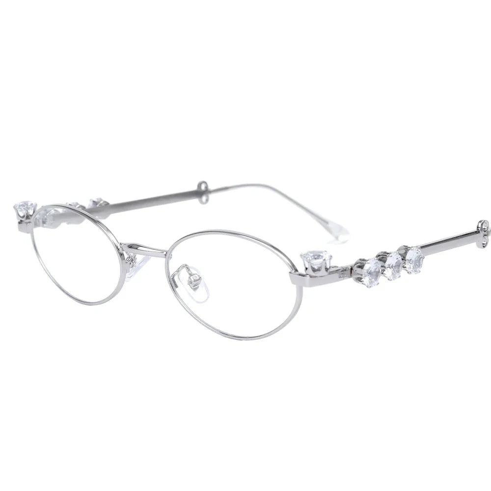 sengpan Women's Punk Retro Silver Anti Blue Light Eyewear Rhinestone Stainless Steel Oval Frame Glasses Girl Reading Seaside Spectacles