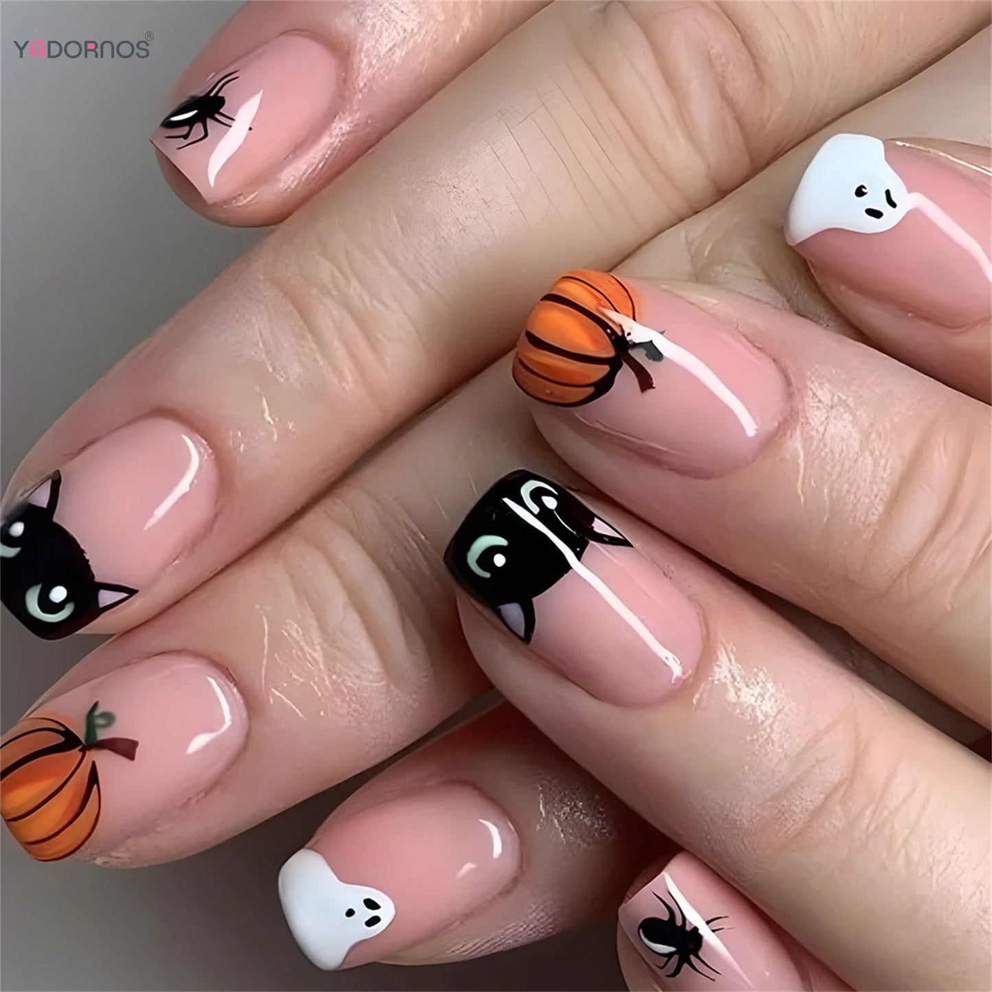 sengpan 24pcs Halloween Theme False Nails Short Square Press On Nails With Ghost Pumpkin Black Cat Designs Full Cover Fake Nail Tips