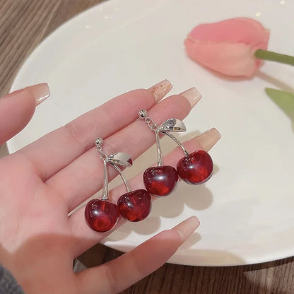 sengpan New Sweet Summer Red Transparent Cherry Fruit Fashion Long Ear Nail Earrings Fashion Black Anime Earring for Women Party Jewelry