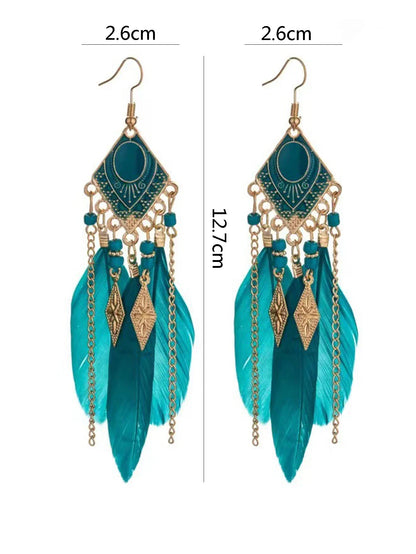 sengpan  Bohemian Feather Tassel Earrings Peacock Blue Vintage Pendant Earrings Birthday Party Holiday Travel Jewelry Accessories