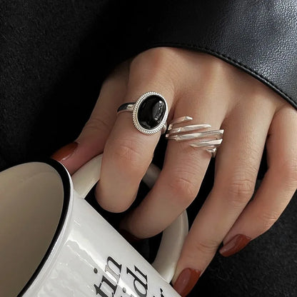 sengpan  Silver Geometric Black Stone Rings For Women Men Simple Korean Fashion Open Adjustable Handmade Ring Couple Gifts