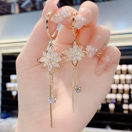 sengpan Luxury Crystal Flower Tassel Drop Earrings for Women Shiny Zircon Opal Long Dangle Earrings Girls Party Wedding Jewelry Gift