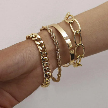 sengpan 4pcs Punk Curb Cuban Chain Bracelets Set for Women Simple Thick Gold Color Charm Bracelets Fashion Jewelry Accessories New