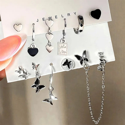 Lianfudai Fashion Silver Color Butterfly Stud Earring Set For Women Heart Rromantic Eardrop Trendy 2024 New Trend Jewelry Gifts INS