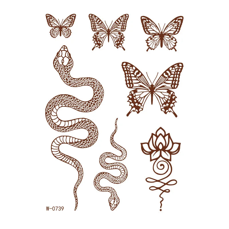 sengpan Brown Henna Lace Temporary Tattoo Sticker Butterfly Mehndi Flower Fake Tattoo for Women Feather Flora Sexy Henna Design Stickers