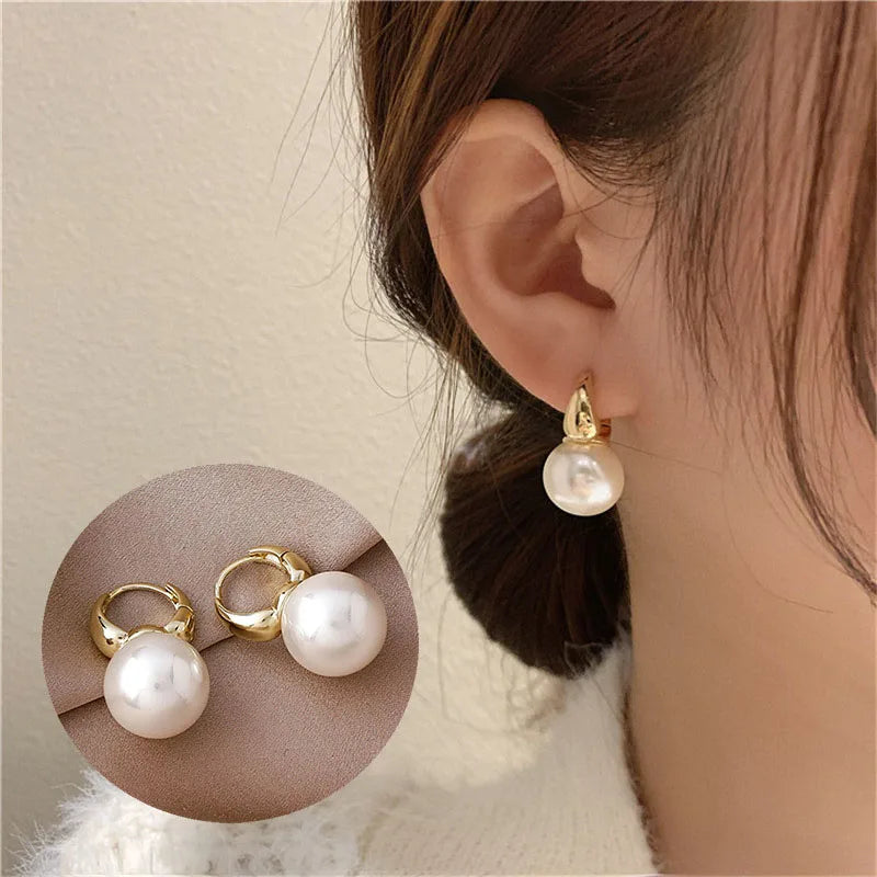 Lianfudai New white boho imitation pearl round circle hoop earrings female gold color big earrings korean jewelry statement earrings