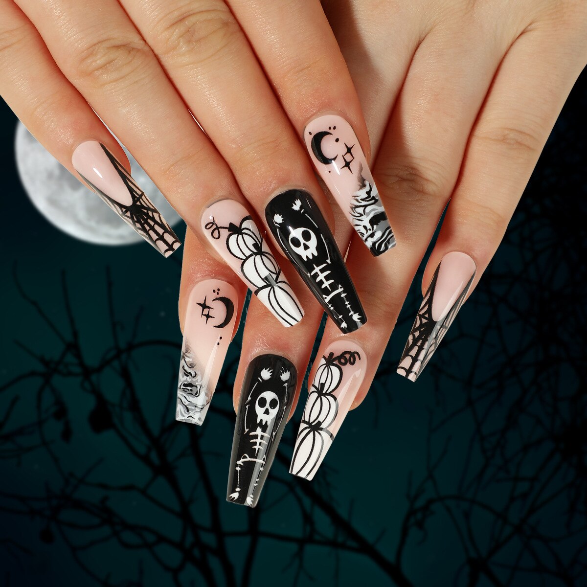 sengpan 24Pcs Halloween False Nails Long Ballet Fake Nails with Ghost Cobweb Design Pink French Coffin Full Cover Press on Nail Tips