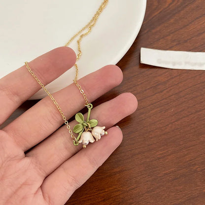 sengpan White Lily of The Valley Bracelet Earrings Necklace Super Fairy Stud Earrings Girls Clavicle Chain Flower Bracelet Jewelry Gifts