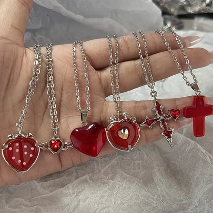 sengpan Simple Red Glass Cross Cherry Strawberry Heart Pendant Necklace for Women Stainless Steel Jewelry Accessories