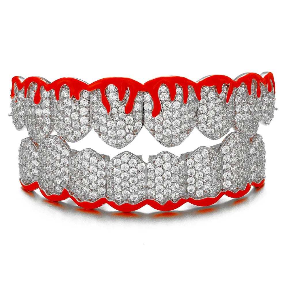 sengpan Red Drip Oil CZ Teeth Grillz Caps Cubic Zircon Iced Out Micro Pave Top&Bottom Charm Grills For Men Women Jewelry Xmas Gift