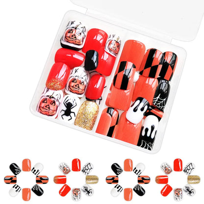 sengpan 48pcs/set Cute Ghost & Pumpkin Halloween Press-On Nails-Glossy Short Square Festive Designs Fake Nails for Women and Girls Wear