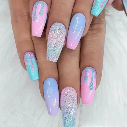 Lianfudai current nail trends 2023   24Pcs Cute False Nails Colorful Ballet Fake Nails Long Coffin Press on Nails Glitter Wearable Full Cover Nail Tips Manicure Tool