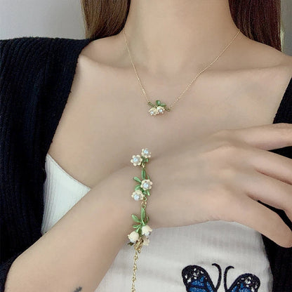 sengpan White Lily of The Valley Bracelet Earrings Necklace Super Fairy Stud Earrings Girls Clavicle Chain Flower Bracelet Jewelry Gifts