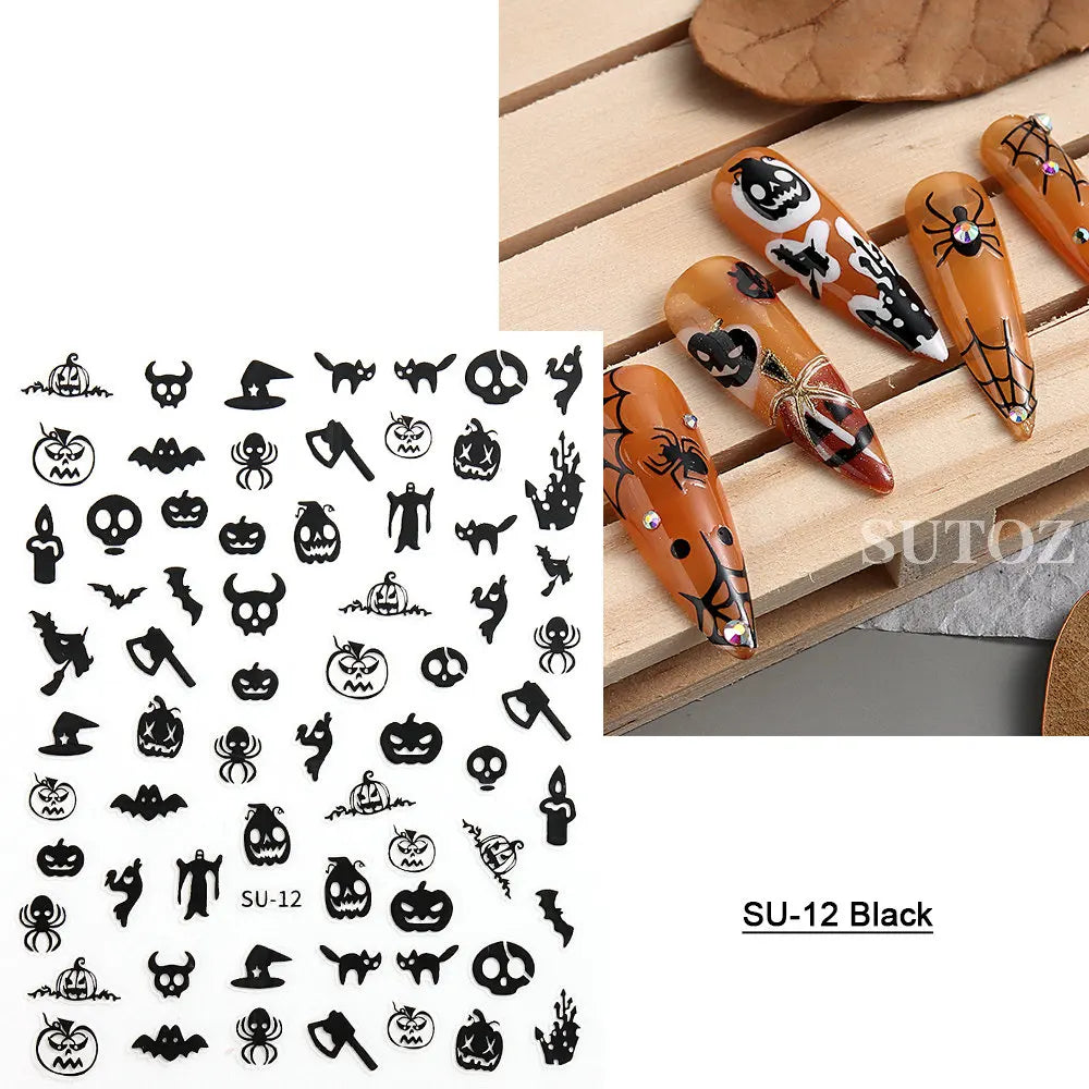 sengpan Spider Nail Sticker Halloween Decoration Snake Skull Design Evil Pumpkin Bat Nail Slider Witch Star Charm Manicure Decal LEBSO10