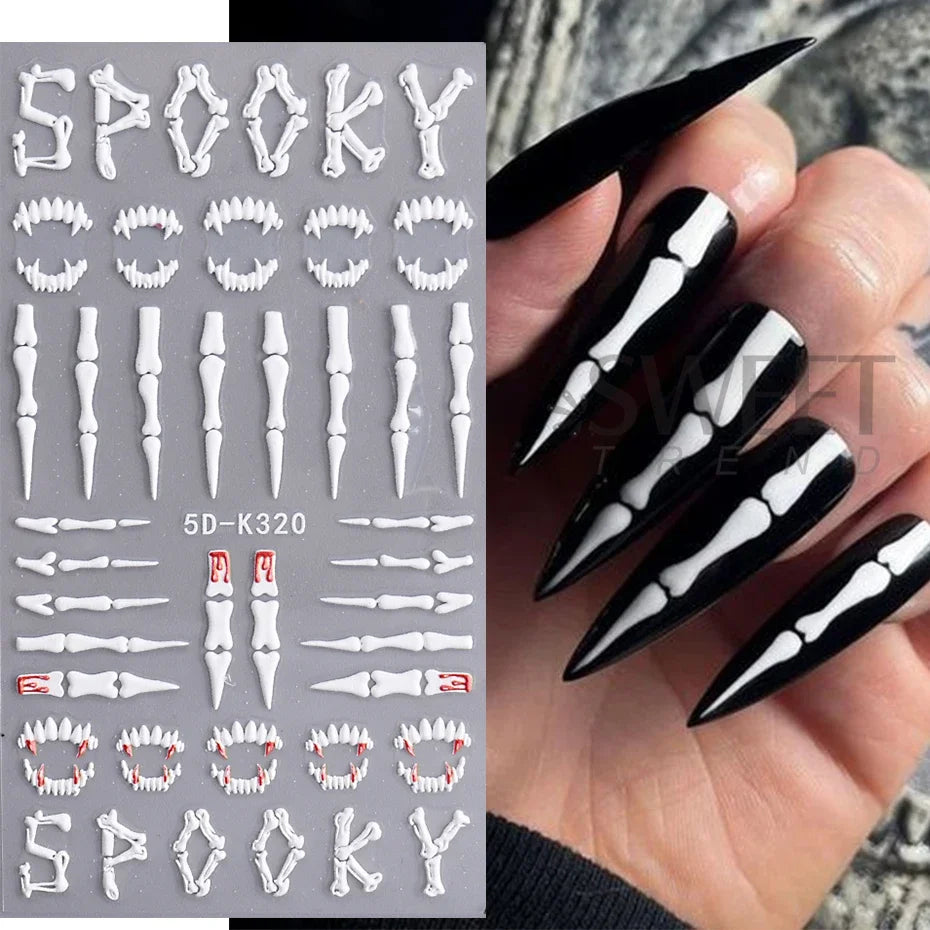 sengpan 5D Halloween Ghost Pumpkin Embossed Nail Stickers Decals Spider Web Clown Bone Nail Art Gel Sliders Design Manicure Decorations