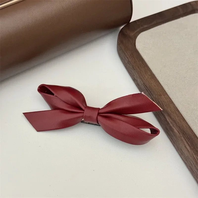 sengpan New Autumnand Winter Chrismas Decor Fashionable Ankorra Red PU Leather Butterfly Hair Tie Hair Clip Red Hair Accessories BowKnot