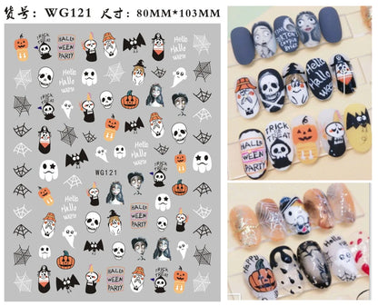 sengpan 3D Halloween Nail Stickers Clown Skull Bone Pumpkin Cartoon Spider Bat Nail Decals Self-Adhesive Nail Art Stickers Nails Decor