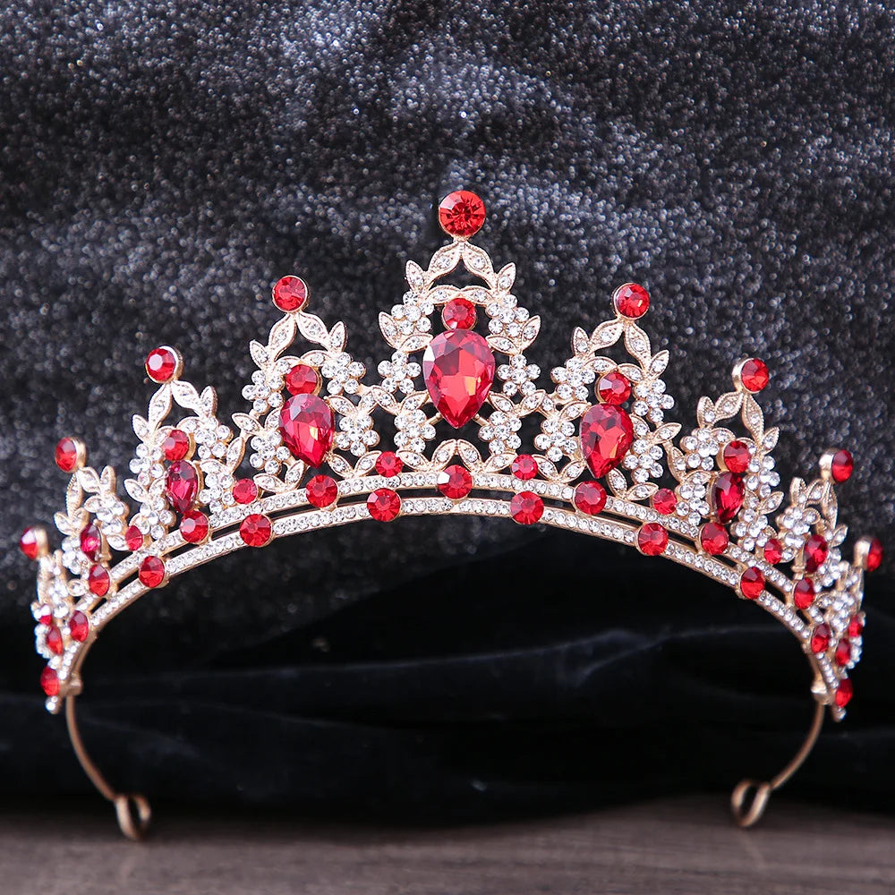 Lianfudai Luxury Elegant AB Crystal Crown Hair Accessories Tiara For Women Party Red Purple Rhinestone Bridal Crown New Hair Jewelry