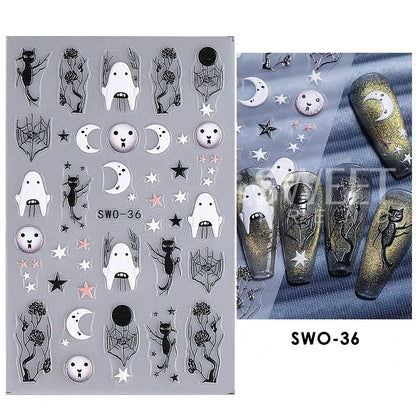 sengpan Cartoon Skull Halloween Nail Art Stickers Pink Bones Ghost Cat Moon Tree Owl Stripes Lines Winter Christmas Manicure Decoration