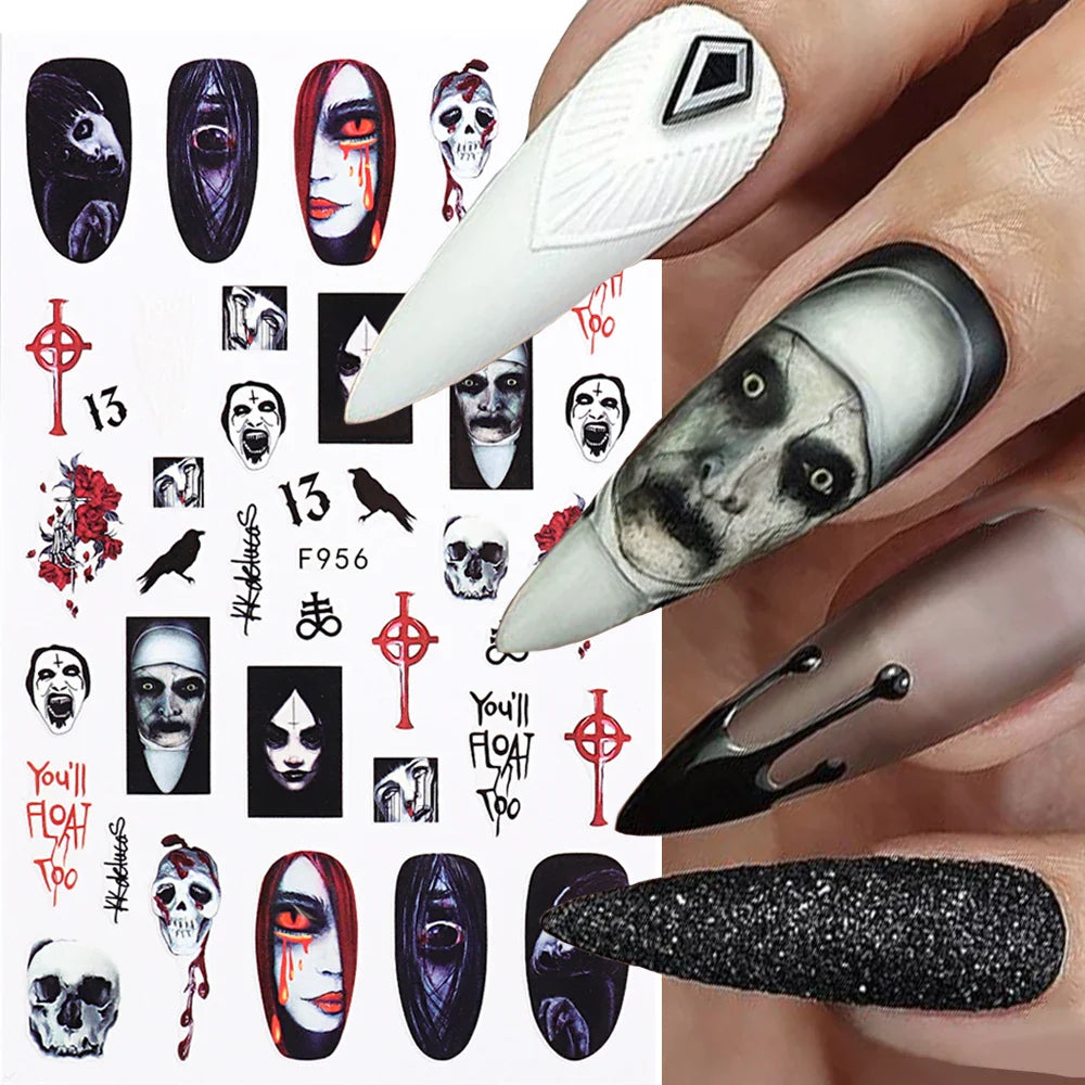 sengpan 3D Halloween Nail Art Stickers Horror Ghost Skull Evil Eye Anime Decals Bloody Rose Sticker for Nail Manicure Decoration LEBF956