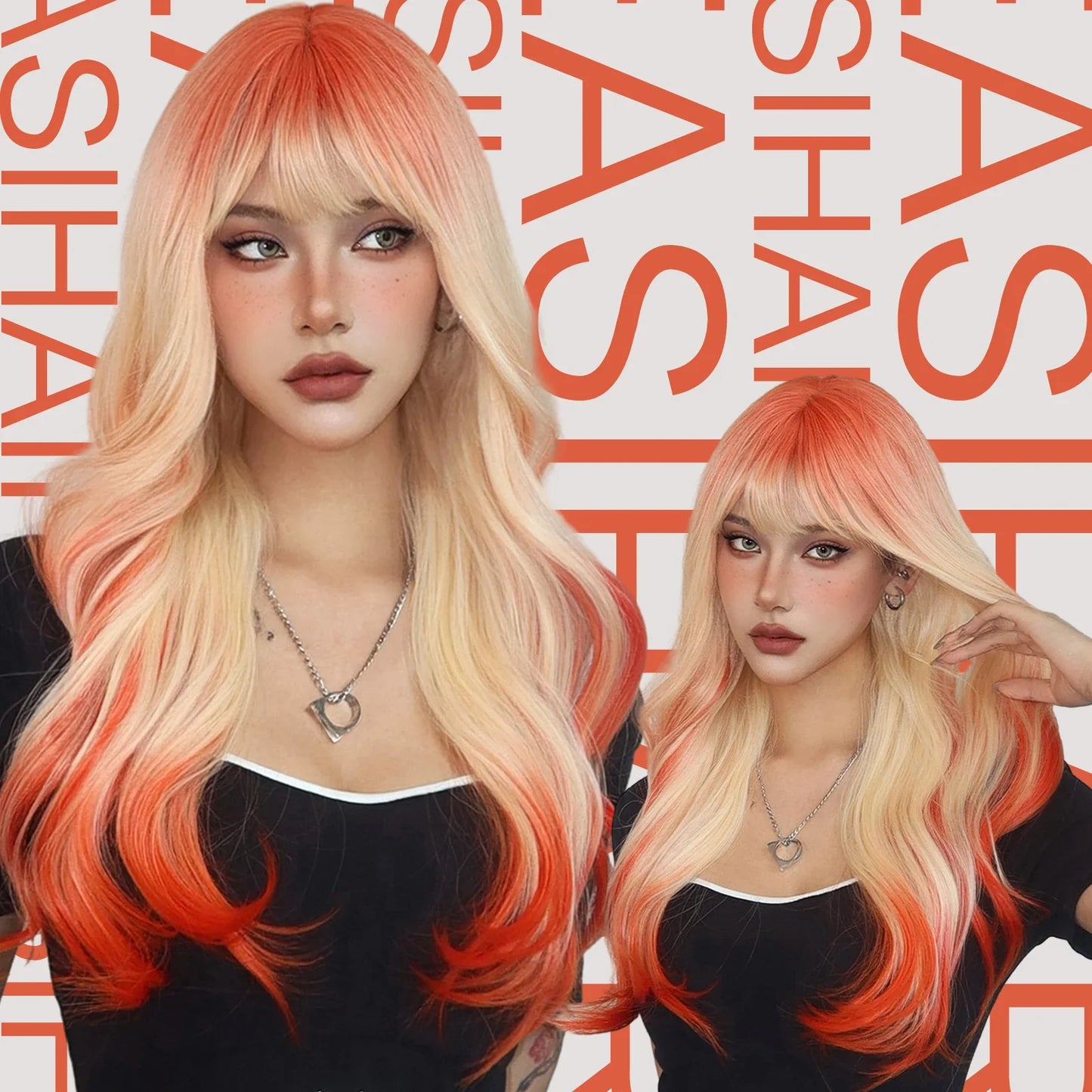 sengpan Orange Blonde Ombre Long Wavy Synthetic Wigs with Bangs Party Cosplay Wig for Women Natural Fake Hair Heat Resistant