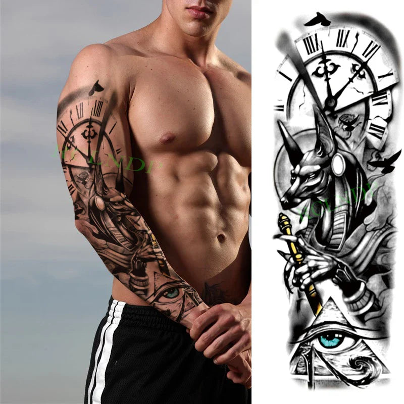 sengpan Waterproof Temporary Tattoo Sticker Anubis Ancient Egypt Greece Zeus Eye Full Arm Fake Tatto Flash Tatoo Sleeve for Men Women