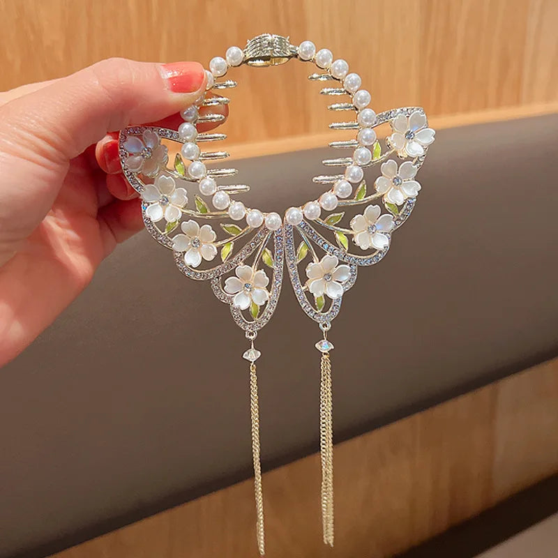 sengpan New Women Elegant Luxury Rhinestone Tassel Ponytail Hair Claws Lady Sweet Meatball Hair Clips Headband Fashion Hair Accessories