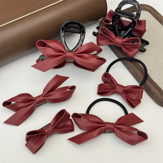 Lianfudai New Autumnand Winter Chrismas Decor Fashionable Ankorra Red PU Leather Butterfly Hair Tie Hair Clip Red Hair Accessories BowKnot