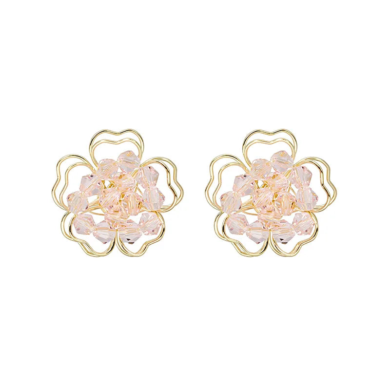 sengpan Sweet Crystal Flower Earrings Boho White Hollow Double Layer Floral Stud Earrings Summer Beach Jewelry For Women Girls