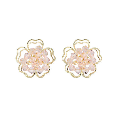 sengpan Sweet Crystal Flower Earrings Boho White Hollow Double Layer Floral Stud Earrings Summer Beach Jewelry For Women Girls