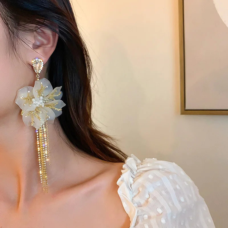 Lianfudai Beaded Crystal Flower Tassel Earrings Exaggerated 2022 New Trendy Earrings Women