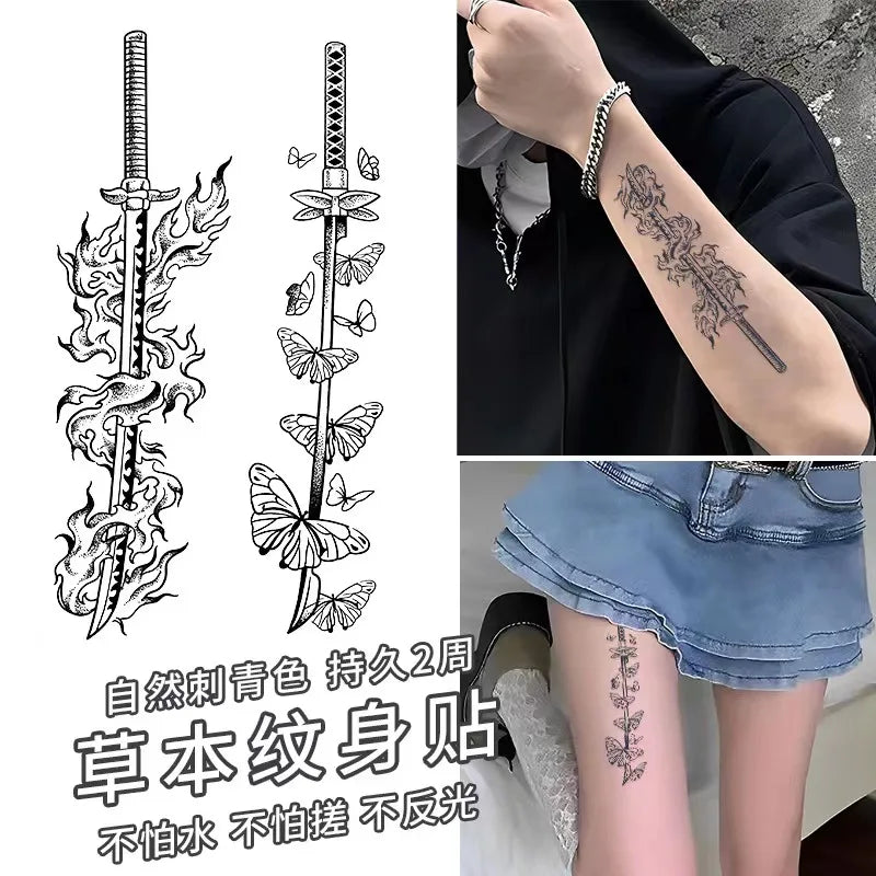 sengpan Katana Sword Herbal Juice Tattoo Stickers Men Waterproof Lasting Semi-permanent Tattoo Big Picture Flower Arm Art Fake Tattoos