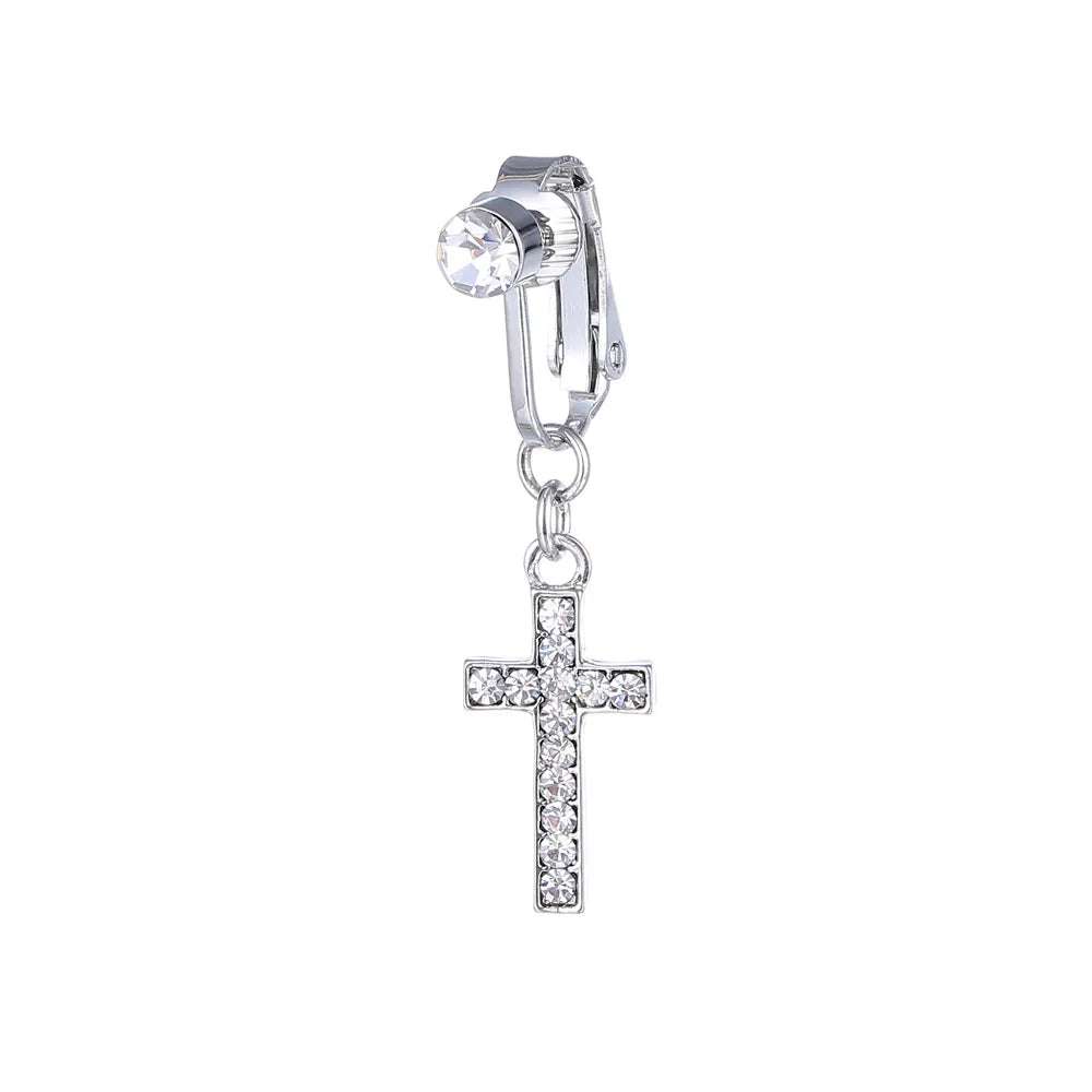 sengpan Cross Fake Belly Button Ring Navel Piercing Ombligo Rings Crystal Rhinestones Stud Earrings Ear Clips Fake Belly Piercing