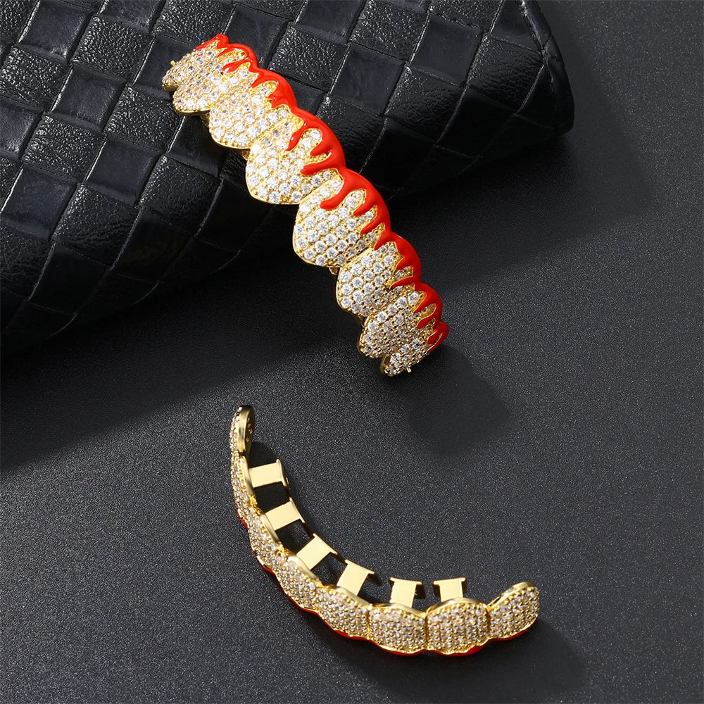 sengpan Red Drip Oil CZ Teeth Grillz Caps Cubic Zircon Iced Out Micro Pave Top&Bottom Charm Grills For Men Women Jewelry Xmas Gift