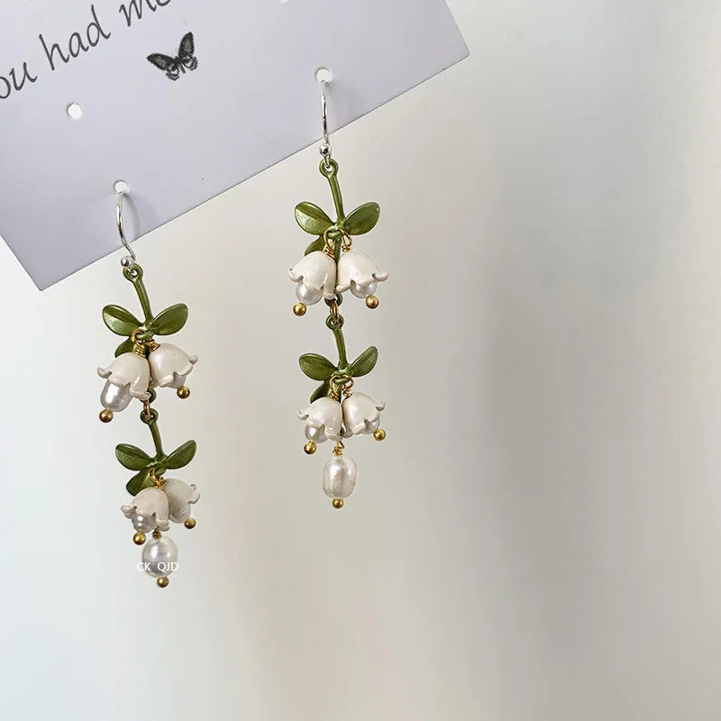 sengpan White Lily of The Valley Bracelet Earrings Necklace Super Fairy Stud Earrings Girls Clavicle Chain Flower Bracelet Jewelry Gifts