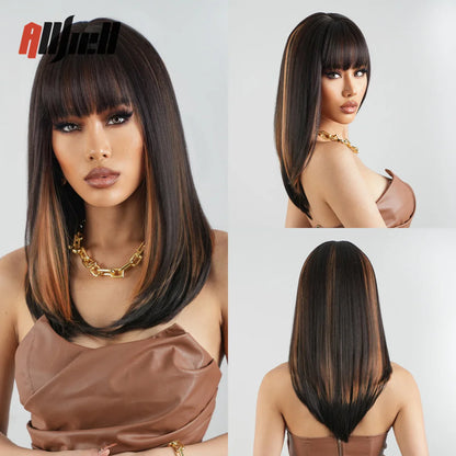 sengpan Short Brown Ombre Blonde Cosplay Wig Synthetic Straight Wigs for Black Women Heat Resistant Halloween Party Daily Natural Hair