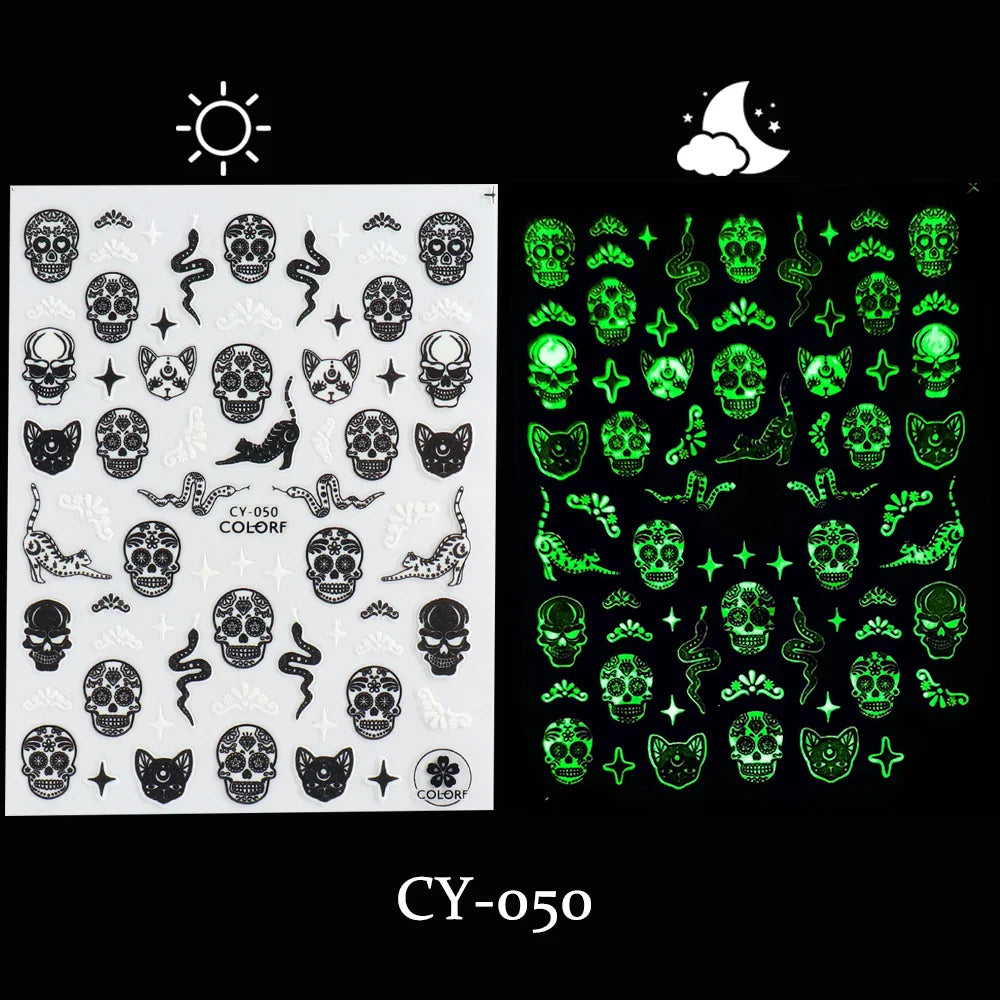 sengpan Luminous Nail Stickers Glow In Dark Halloween Nail Art Decoration Cartoon Skull Ghost Sliders Bones Spider Decal Tattoo GLYB-018