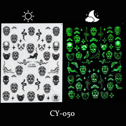 sengpan Luminous Nail Stickers Glow In Dark Halloween Nail Art Decoration Cartoon Skull Ghost Sliders Bones Spider Decal Tattoo GLYB-018