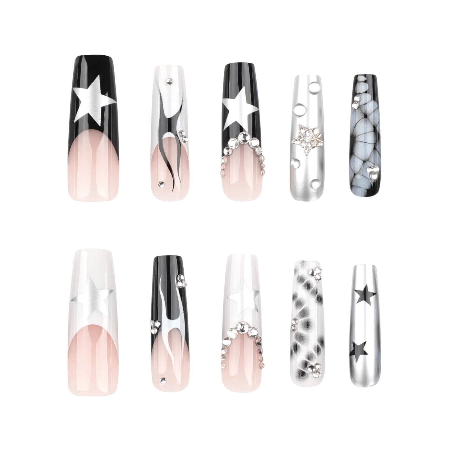 sengpan Punk Cool Fake Nails Y2k Sliver Star Crystal Crocodile Pattern Press on Nails Long Coffin Heavy Metal French False Nails